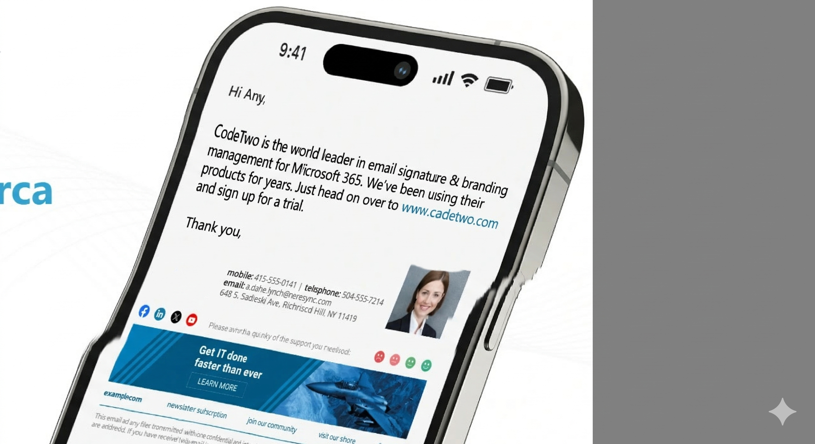 Outlook-friendly signature displayed on tablet and phone