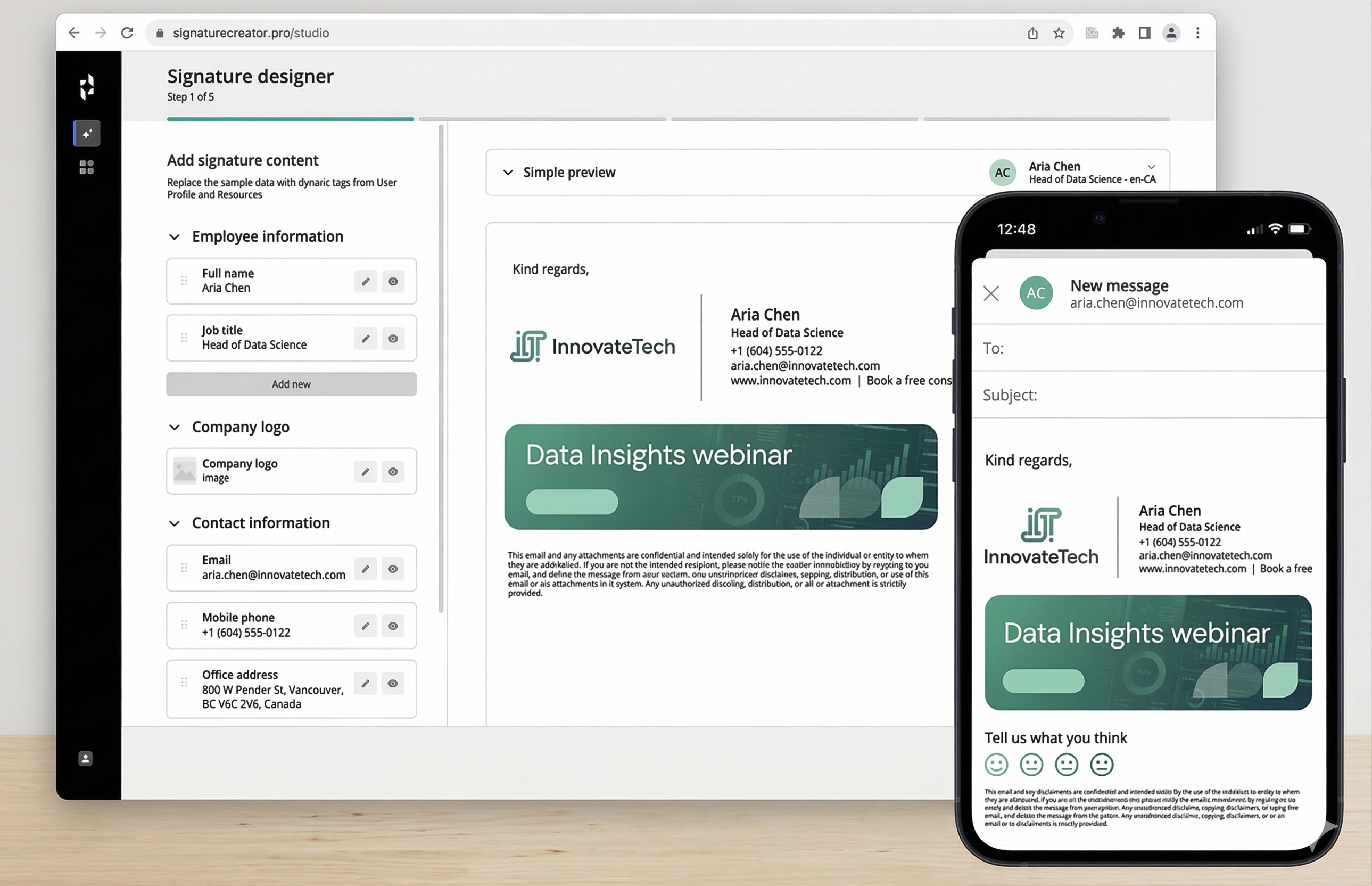 Signature preview shown on tablet and mobile screens