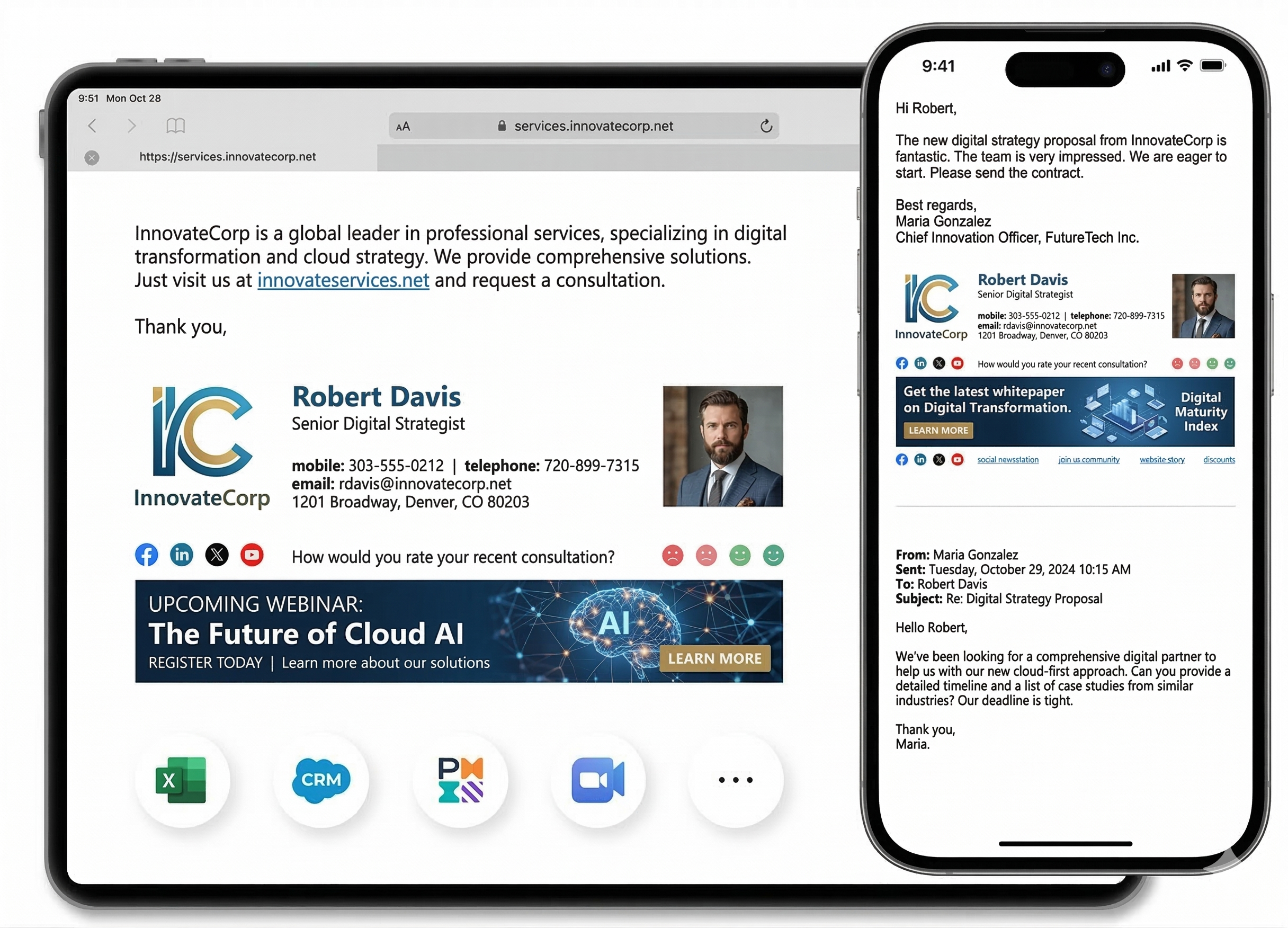 Mesmo design de assinatura mostrado em desktops e dispositivos móveis