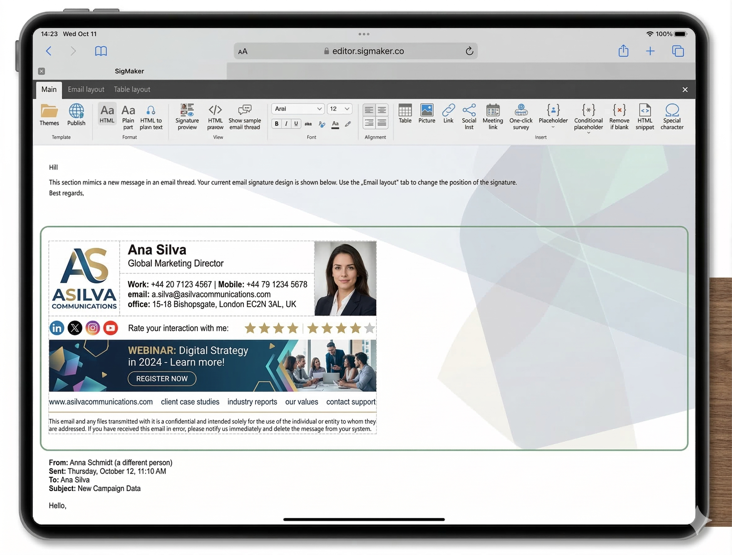 Tablet preview of a signature builder interface